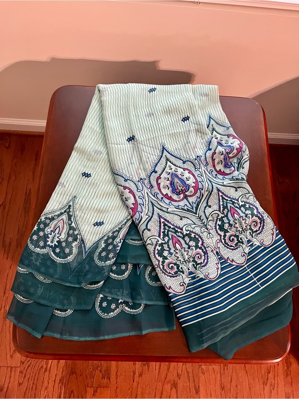 Teal and White Printed Women’s Saree with Paisley Border
